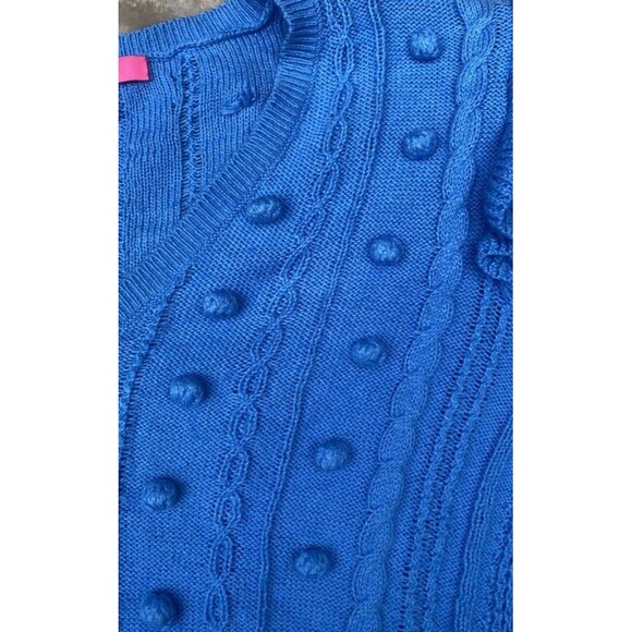 Lilly Pulitzer Greta Size L V-Neck Cable Knit Sweater Blue Boho Feminine Ruffle - Picture 16 of 16